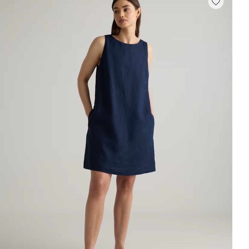 Quince European Linen Sleeveless Shift Dress Navy Blue Large Pocketed Mini